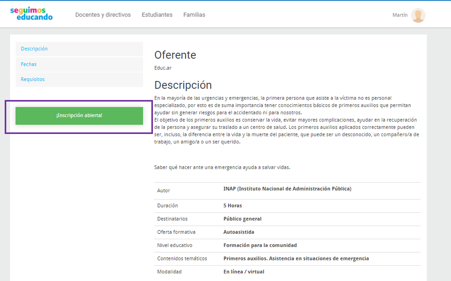 Pantalla con información del curso seleccionado y botón <<¡Inscripción abierta!>>.
