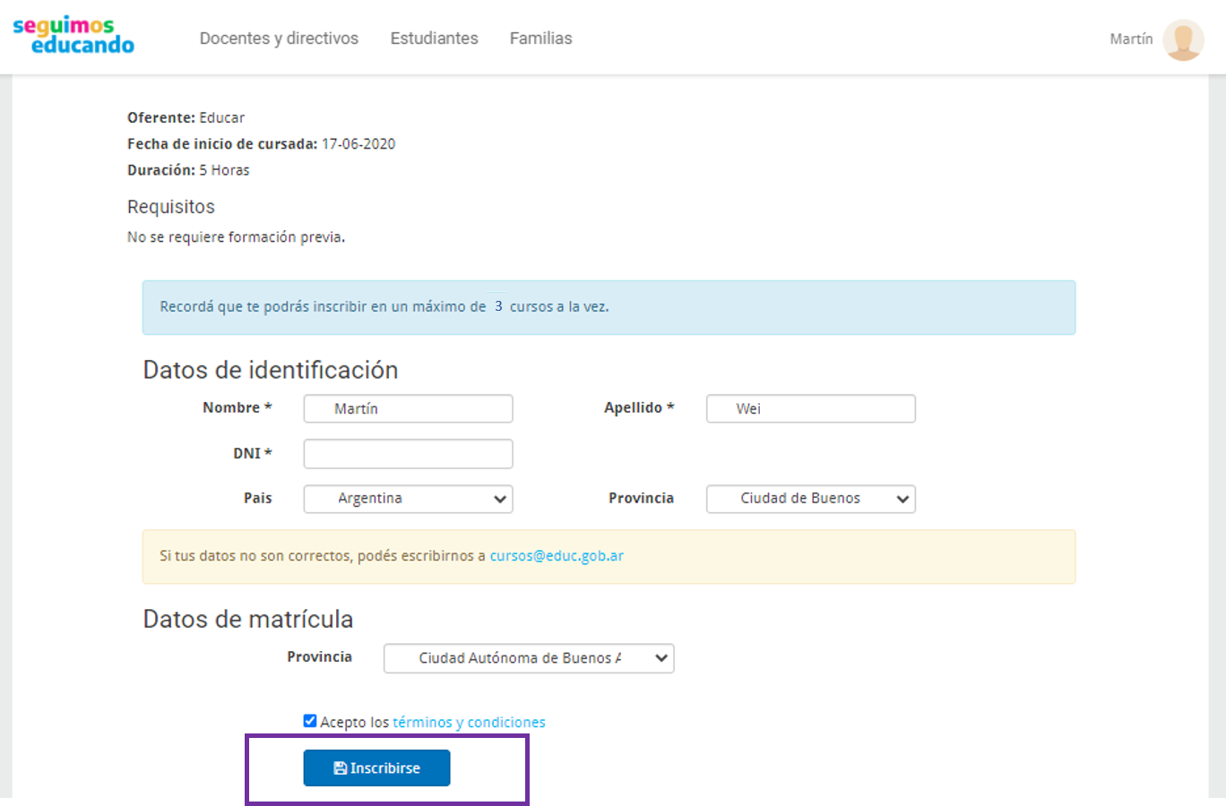 Pantalla de formulario de inscripción con el botón «Inscribirse» recuadrado.