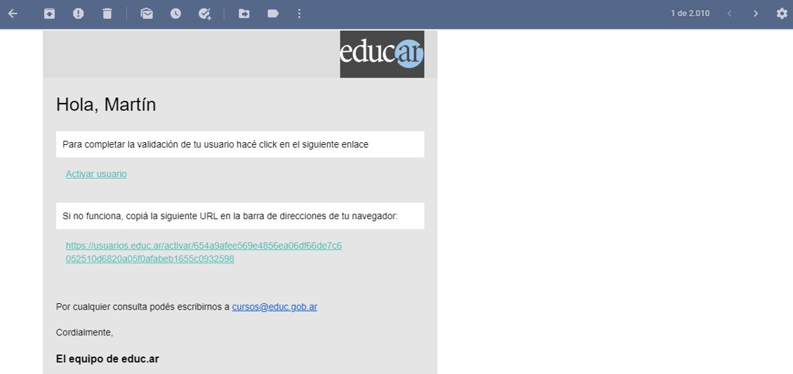 Texto de correo con enlaces para completar la validación de usuario.