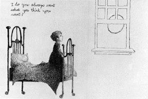 Ilustraciòn de una niña arrodillada en el borde de una cama. En el fondo solo se ve una ventana abierta.