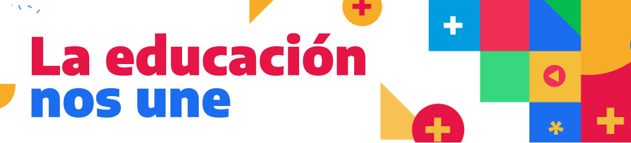 Un título, en rojo y azul, dice: «La educación nos une». Al lado, hay cuadrados, signos más, asteriscos y círculos de distintos colores.