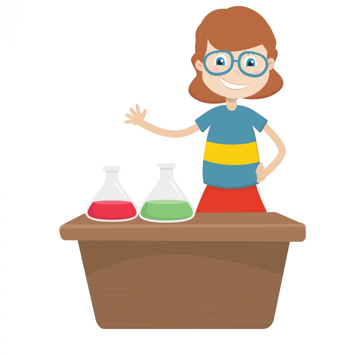 Chica parada frente a mesa de laboratorio