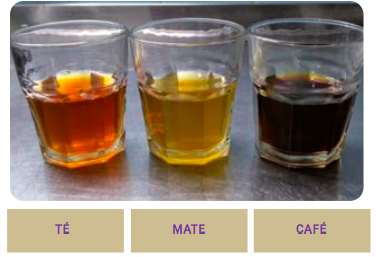 Tres vasos de vidrio con diferentes mezclas. Agua con café, agua con té y agua con mate.