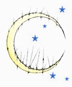 Ilustración de una luna menguante rodeada de estrellas. 