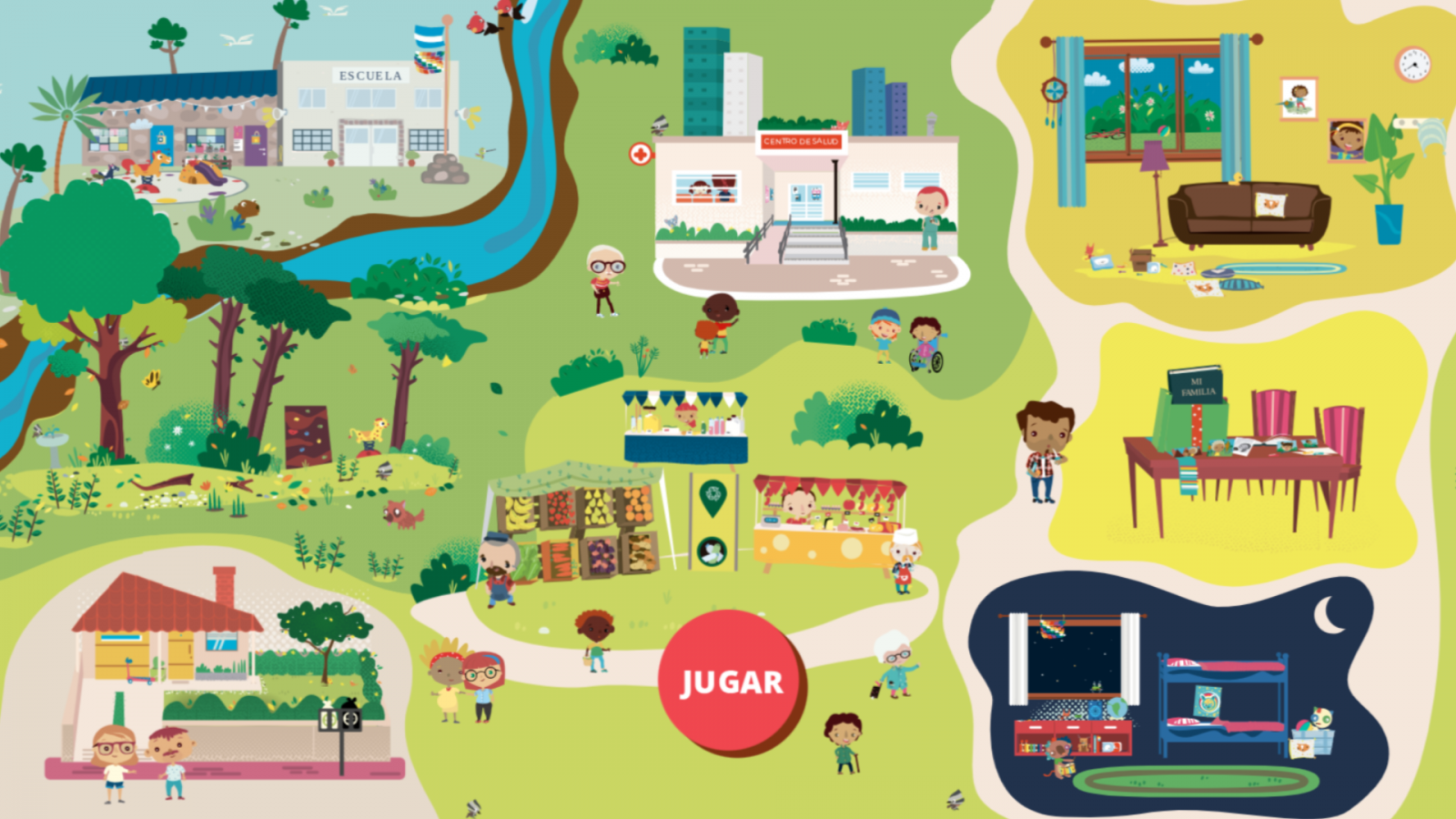 Mapa ilustrado con distintos espacios de la vida cotidiana de niñas y niños. Aparecen una escuela, un centro de salud, una plaza con árboles y animales, una feria de frutas y comidas, una casa, un bosque, y varias escenas dentro del hogar.