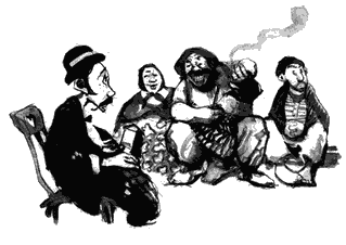 Ilustración en blanco y negro: dos hombres y una mujer con vestimenta rural comparten mate sentados juntos, mientras a la izquierda un hombre solo con traje y sombrero urbano permanece separado; se enfatiza el contraste entre grupo informal y figura individual formal.