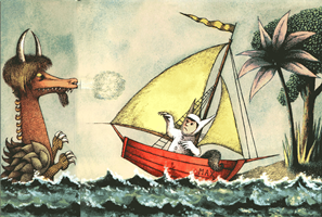 Ilustración de un personaje navegando en un barco. Otros personajes lo observan.