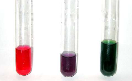 Tres tubos de ensayo con jugo de repollo a los cuales se le agregó: jugo de limón (izquierda, rojo); sólo jugo de repollo (centro, violeta), y al último bicarbonato de sodio (derecha, verde).