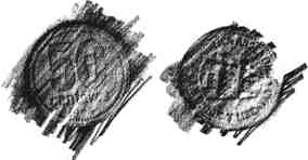 Dos monedas dibujadas con trazos irregulares en blanco y negro, lado a lado.