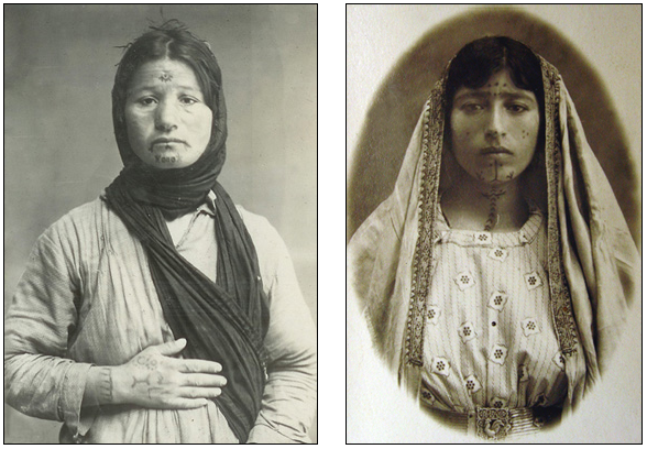 Retratos de dos mujeres armenias con tatuajes en rostro y manos como marcas de esclavitud 