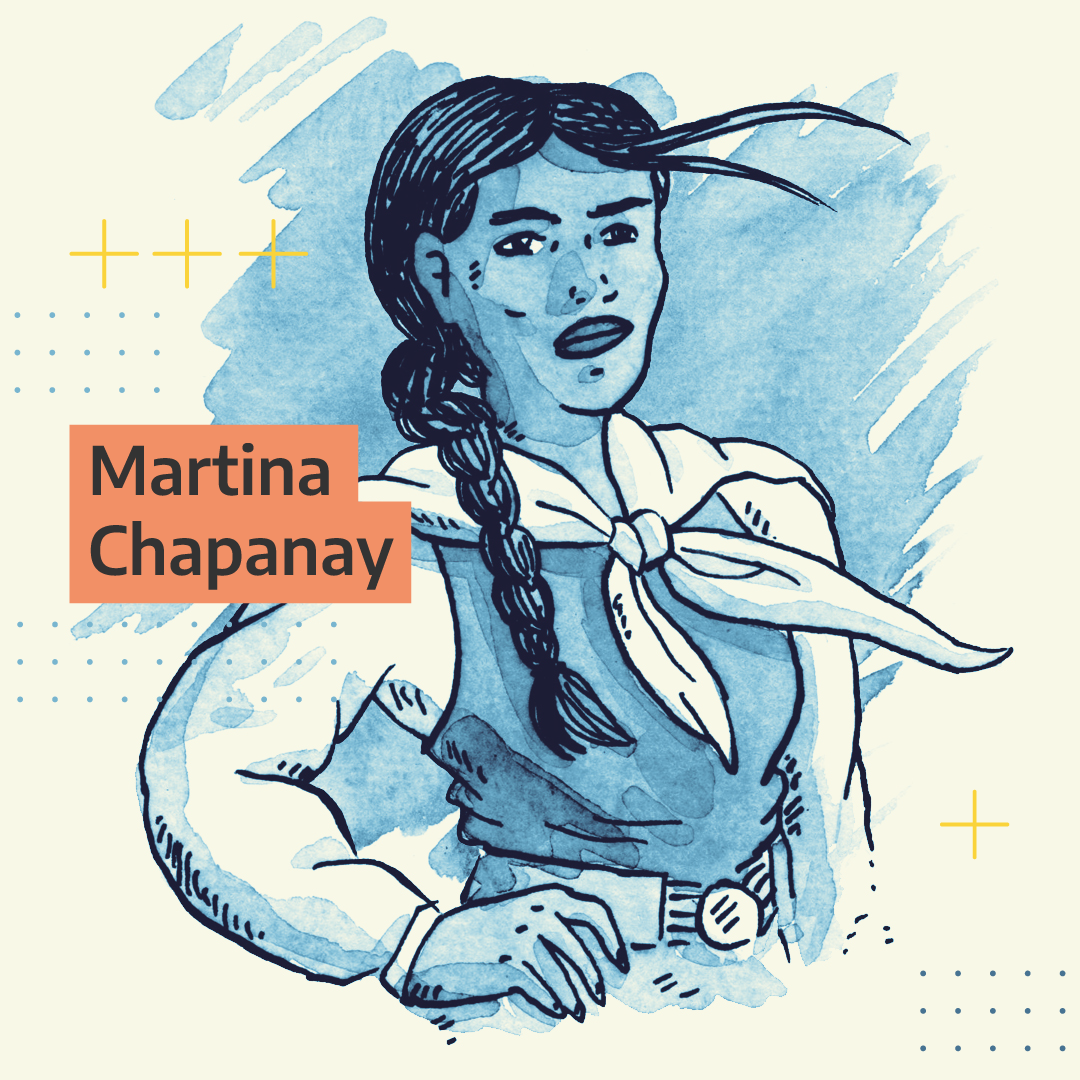 El título dice: «Martina Chapanay». Al lado, hay una mujer vestida de gaucho con un brazo en jarra y el pelo al viento.