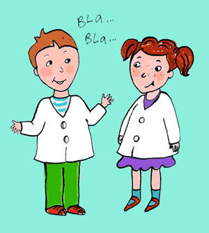 Ilustración de un niño y una niña conversando. Los dos tienen delantal.