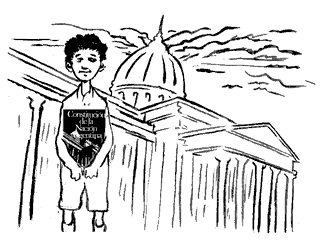 Un niño con la Constitución Nacional de la Nación Argentina delante del Congreso Nacional.