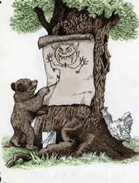 Ilustración en la que un oso dibuja sobre un lienzo apoyado en el tronco de un árbol una figura con la las manos levantadas y la boca abierta mostrando los dientes.