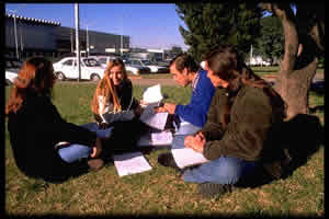 Un grupo de cuatro jóvenes sentados al aire libre rodeados de apuntes.