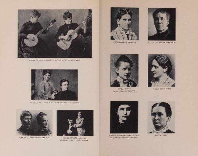 Doble página de un libro con varias fotos de maestras.