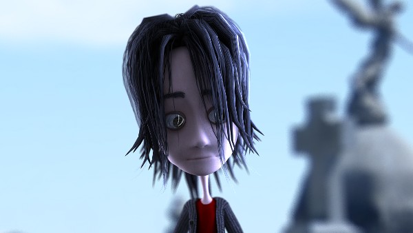 Moritz, personaje de Historias entre tumbas. Tiene pelo y ojos negros, de tez pálida. Viste una remera roja y un saquito gris. Está en un cementerio. 