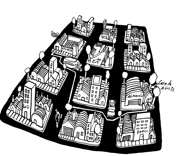 Plano de un barrio de doce manzanas. En el mismo se señala un recorrido, desde la casa de Agustín, hasta la escuela.