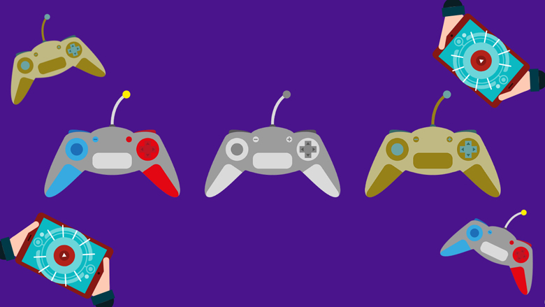 Sobre un fondo violeta, dos personas juegan con tabletas. Entre ellas, hay controles de videojuegos flotando en el aire.