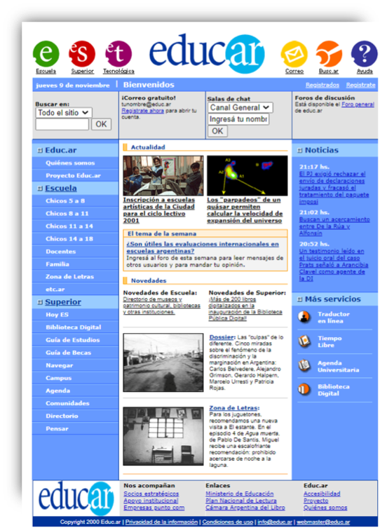 La imagen muestra cómo era el diseño y disposición de elementos de la home del portal educar del año 2000.