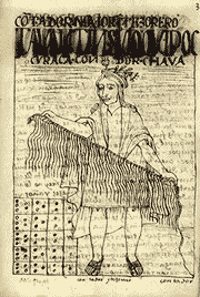 Ilustración antigua de un hombre de pie sosteniendo un quipu.