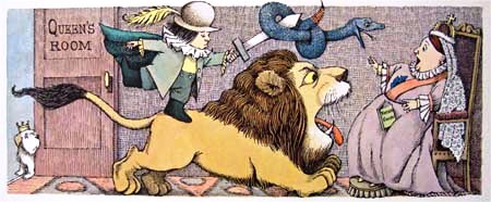 Ilustraciòn en la que un un león y una serpiente muestran sus bocas abiertas a una reina sentada en un trono. Sobre el león hay un niño con capa y espada.
