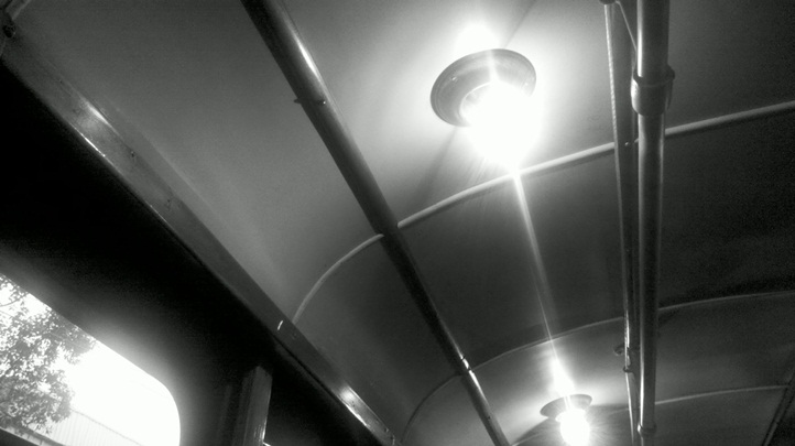 Vista interior en blanco y negro de un tranvía histórico de la ciudad de Buenos Aires. La foto está sacada mirando hacia el techo. Entre los pasamanos, hay dos lámparas encendidas. A un costado, se ve un pedacito de la ventanilla y, a través de ella, copas de árboles.