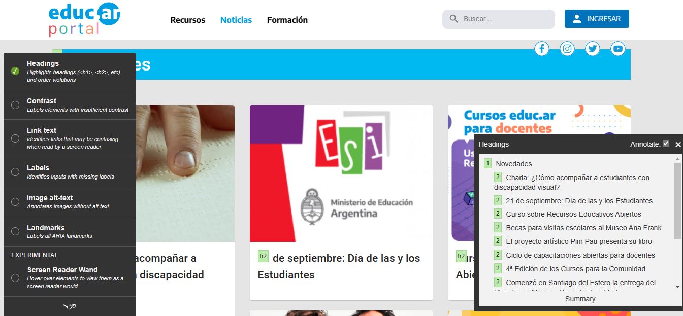Tota11y Plugin activo analizando la sección Noticias del portal educ.ar. En el menú de la extensión está marcada la opción de encabezados y, en una ventana flotante, se muestran los niveles de encabezados de la sección.