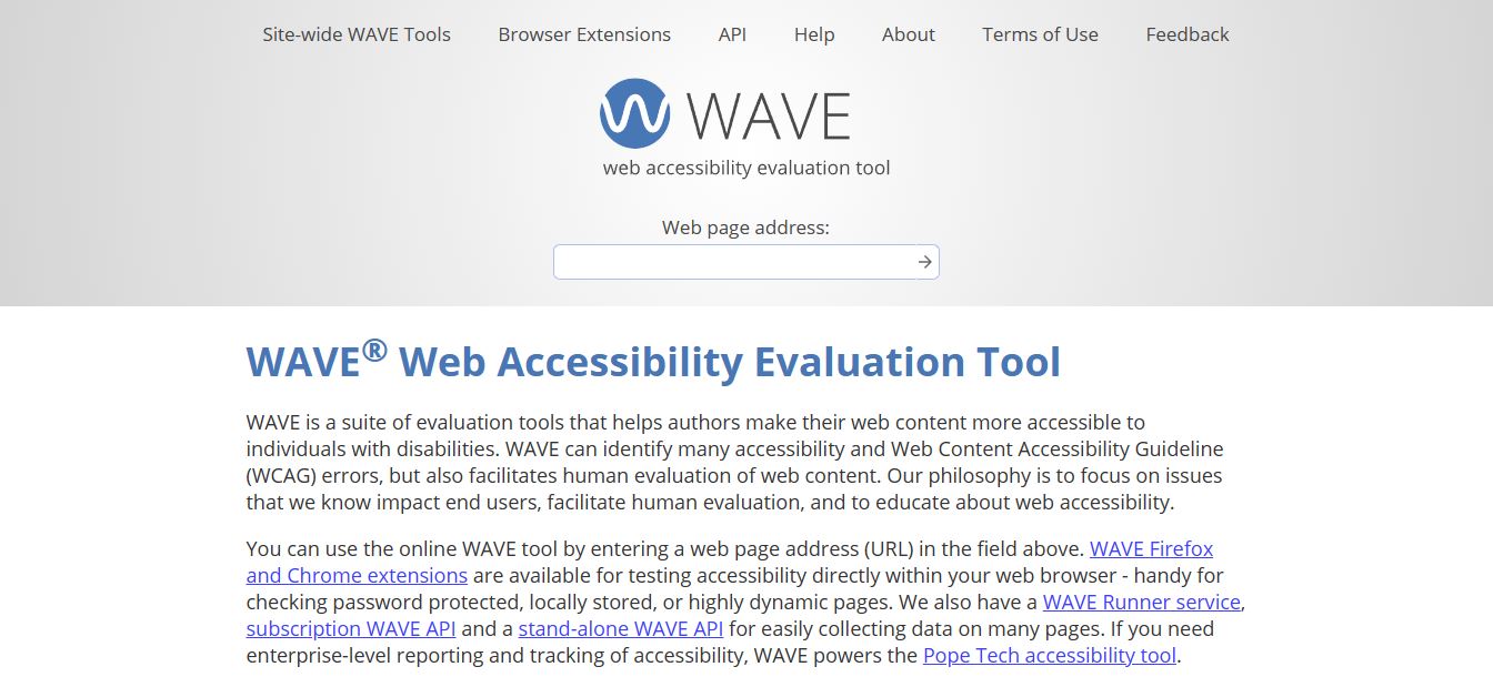 Página de inicio de WAVE Evaluation Tool. Bajo el logo, hay un campo para ingresar la URL de la página que se desea evaluar. Toda la página está en inglés.